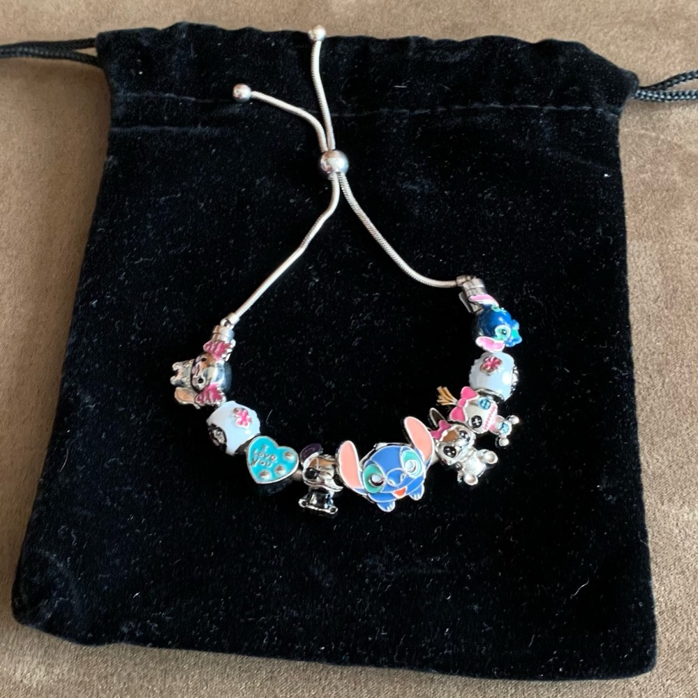 Pandora Sliding Bangle Bracelet w/ 9 NEW Disney Lilo & Stitch Theme Charms